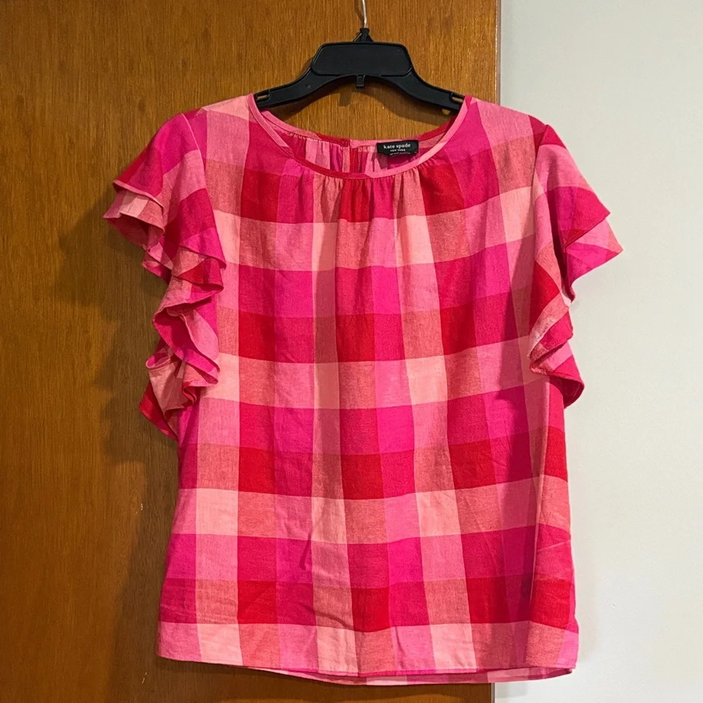 Kate Spade Pink Plaid Ruffle Sleeve Top - Picture 1 of 4